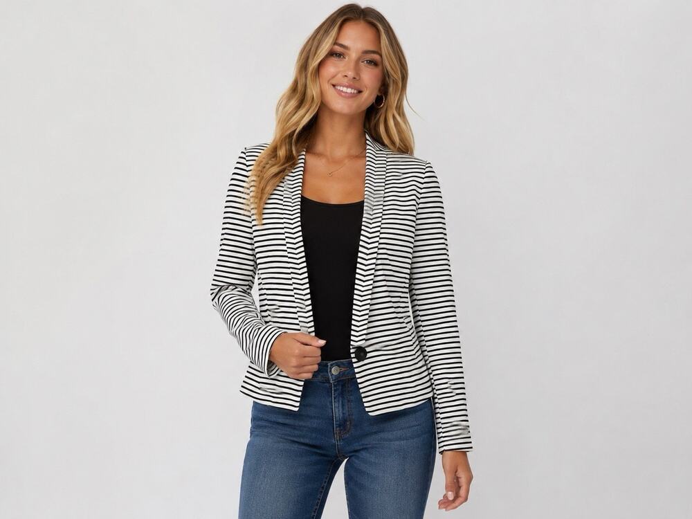 BCBGMAXAZRIA Women’s M Black White Striped One Button Blazer